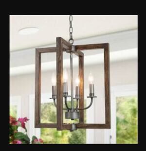 LNC Brown Caged Chandelier Faux Wood 4-Light Brushed Silver Pendant Light NEW
